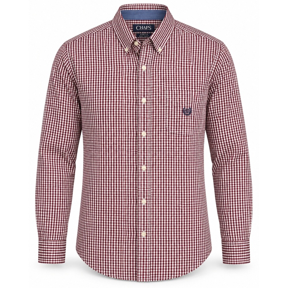 Chaps Mens XL Burgundy Gingham Check Stretch Easy Care Button Down Shirt LS